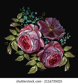 Embroidery violet flowers and red roses. Garden art. Botanical illustration. Summer fashion template for clothes, textiles and t-shirt design