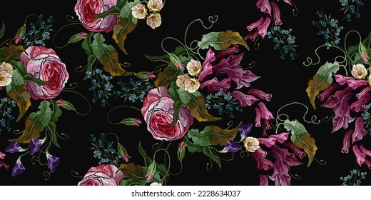 Embroidery. Violet hyacinths and pink roses. Horizontal seamless pattern. Fashion template for design of clothes, tapestry. Spring garden art