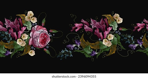 Embroidery. Violet hyacinths and pink roses. Fashion template for design of clothes, tapestry. Spring garden art. Horizontal seamless pattern