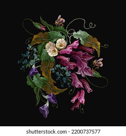 Embroidery. Violet hyacinths and white apple flowers. Fashion template for design of clothes, tapestry. Spring garden art