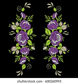 Embroidery violet  roses, ethnic ornament for the  neck, bags, jeans, shirts, T-shirts.