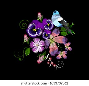 Embroidery of a violet, sakura, on a black background decorated with a blue bird, a tea rose. Vector illustration.
