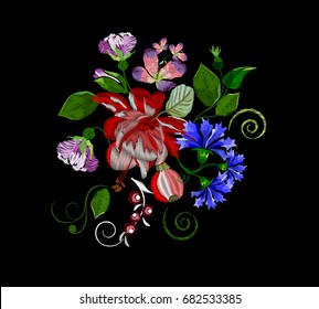Embroidery of violets, lilies, dog rose, carnations, cornflowers. roses on a black background. Vector illustration.