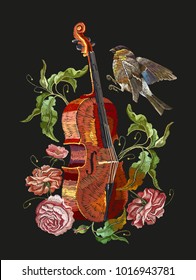 Embroidery violin, birds and roses flowers. Classical embroidery musical violin, titmouse, buds of flowers roses. Fashion music art, template for clothes, t-shirt design art 