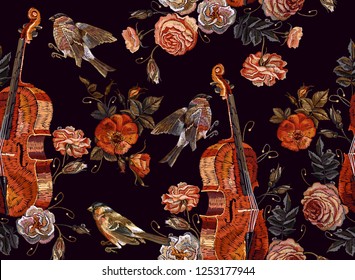 Embroidery violin, birds and wild roses flowers pattern. Fashion music art, template for clothes, t-shirt design 