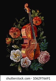 Embroidery violin, poppies and roses flowers. Classical embroidery musical violin, pink poppies, buds of flowers roses. Fashion music art, template for clothes, t-shirt design art 