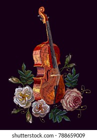 Embroidery violin and roses. Classical embroidery musical violin and buds of flowers roses. Fashion art, template for clothes, t-shirt design art 