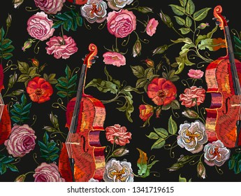 Embroidery violin and roses seamless pattern. Fashion art, template for clothes, t-shirt design art 