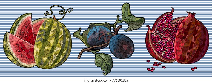 Embroidery watermelon, plum, pomegranate. Fashionable fruit stickers, patches. Classical embroidery ripe watermelon, plum branch, red pomegranate 