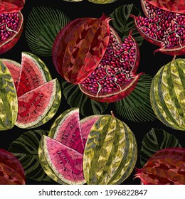 Embroidery watermelon and pomegranate fruits seamless pattern. Summer garden art. Fashion template for clothes, textiles, t-shirt design 