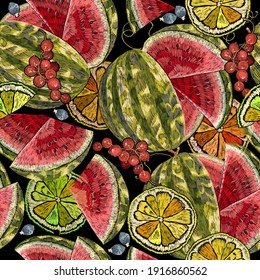 Embroidery watermelon, red currant berries and lemon slice seamless pattern. Summer garden art. Fashion template for clothes, textiles, t-shirt design 