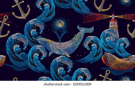 Embroidery whales and anchor, lighthouse, sea wave and boat seamless pattern. Template for clothes, t-shirt design. Art embroidery, big waves ocean, lighthouse and whales seamless pattern 