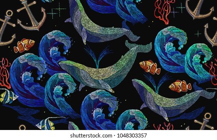 Embroidery whales and anchor seamless pattern. Template for clothes, textiles, t-shirt design. Blue whales float the night sea. Classical art embroidery, big waves ocean and whales seamless pattern 