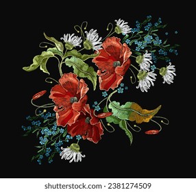 Embroidery white chamomiles and poppies flowers. Floral art. Fashion summer garden template for clothes, tapestry, t-shirt design