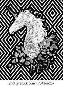 Embroidery white floral pattern with dog roses and forget me not flowers. Unicorn fantasy fairytale dream vector traditional folk fashion ornament on black striped background art