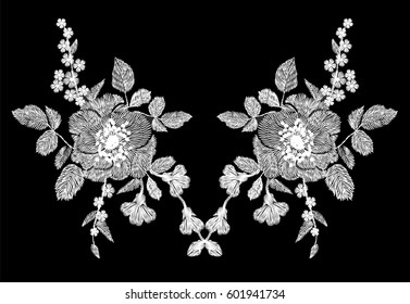 Embroidery white floral pattern with poppy and daisy flowers. Vector traditional folk fashion ornament on black background. illustration patch necklace