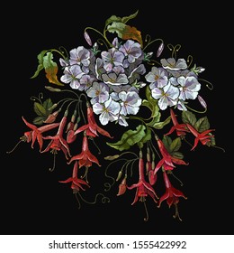 Embroidery. White flowers and red fuchsia. Botanical garden art. Template for design of clothes, tapestry 