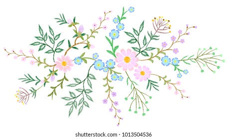 Embroidery white lace floral pattern small branches wild herb with little blue violet field flower. Ornate traditional folk fashion patch design neckline black background vector illustration