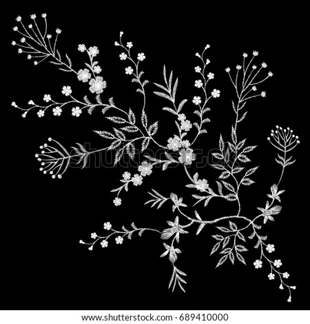Embroidery white lace floral pattern small branches wild herb with little blue violet field flower. Ornate traditional folk fashion patch design neckline black background vector illustration
