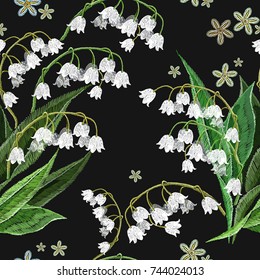 Embroidery white snowdrops seamless pattern white flowers vector. Fashion template for clothes, textiles, t-shirt design. White spring flowers pattern