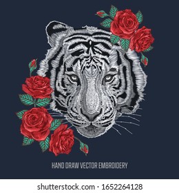 Embroidery white tiger with red roses and leafs. Embroidered floral and animal poster print, textile for fashion. hand drawn vector illustration