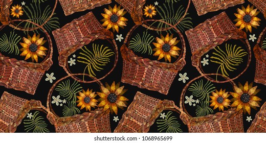 Embroidery wicker baskets and sunflowers. Template for clothes, textiles, t-shirt design. Garden background