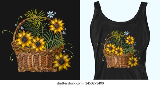 Embroidery wicker baskets and sunflowers. Trendy apparel design. Template for fashionable clothes, modern print for t-shirts, apparel art