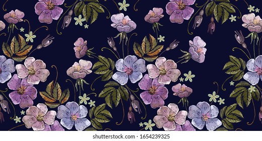 Embroidery wild pink flowers, horizontal seamless pattern. Spring garden art. Fashion template for clothes, textiles and t-shirt design