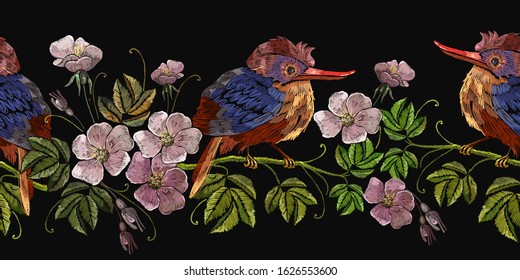 Embroidery wild pink flowers and tropical birds. Horizontal seamless pattern. Spring garden art. Fashion template for clothes, textiles and t-shirt design