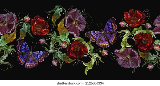 Embroidery wild red roses and butterflies. Fashionable spring template for clothes. Floral garden background. Horizontal seamless pattern