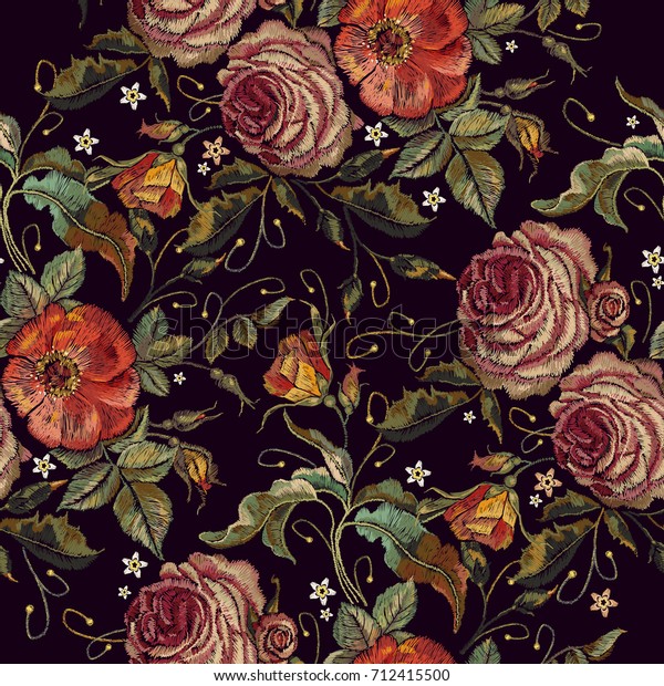 Embroidery wild red roses and peonies seamless pattern.\
Classic style embroidery, beautiful red roses and pink peonies\
seamless pattern vector. Fashionable template tapestry flowers\
renaissance 