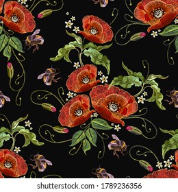 Embroidery wild red roses seamless pattern. Fashionable template tapestry flowers, renaissance style  