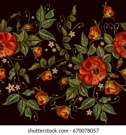 Embroidery wild red roses seamless pattern. Classic style embroidery, beautiful red roses seamless pattern vector. Fashionable template tapestry flowers renaissance 