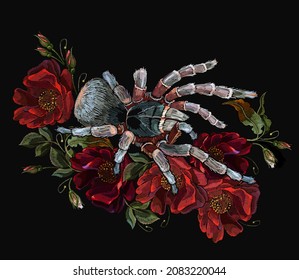 Embroidery wild red roses and tarantula spiders. Floral medieval gothic background. Fashionable template for clothes 