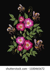 Embroidery wild rose and bumble bee, dogrose flowers. Classic style embroidery, beautiful dogrose vector 