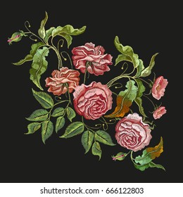 Embroidery wild rose. Classical embroidery blossoming rose buds on black background, template fashionable clothes, t-shirt design, beautiful flowers pattern vector 