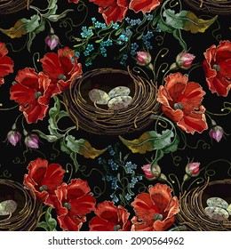 Embroidery. Wild roses and bird nest with eggs. Fashion seamless pattern. Template for design of clothes, tapestry. Happy Easter style. Spring garden art 