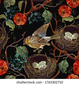 Embroidery. Wild roses, birds, meadows herbs and and bird nest with eggs. Seamless pattern. Spring garden art. Template for design of clothes, tapestry. Happy Easter 