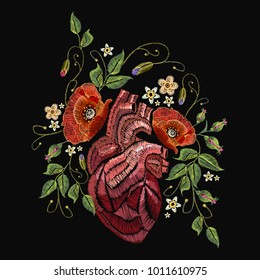 Embroidery wild roses, dogrose flowers and heart. Classic style embroidery, beautiful dogrose and anatomical heart pattern vector. Fashionable love template tapestry flowers renaissance 