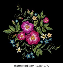 Embroidery wild roses, dogrose flowers. Classic style embroidery, beautiful dogrose pattern vector 