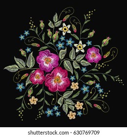 Embroidery wild roses, dogrose flowers vector. Classic style embroidery, beautiful fashion template for clothes, t-shirt design 