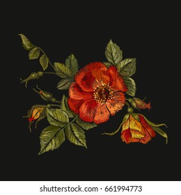 Embroidery wild roses, dogrose flowers. Classic style embroidery, beautiful dogrose pattern vector. Vintage buds of wild roses on black background. Fashionable template tapestry flowers renaissance 