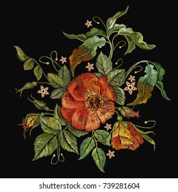 Embroidery wild roses, dogrose flowers. Fashionable template tapestry flowers renaissance. Classic style embroidery, beautiful dogrose pattern vector. Vintage buds of wild roses on black background.  