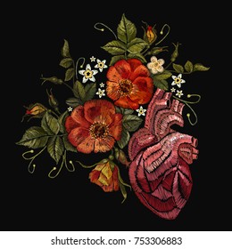 Embroidery wild roses, dogrose flowers and heart. Classic style embroidery, beautiful dogrose and anatomical heart pattern vector. Fashionable template tapestry flowers renaissance 