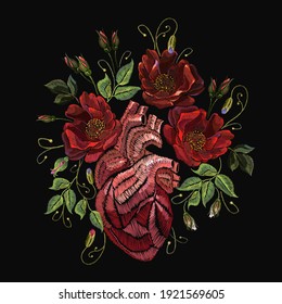 Embroidery wild roses flowers and anatomical heart. Fashionable template tapestry, clothes design. Renaissance style 