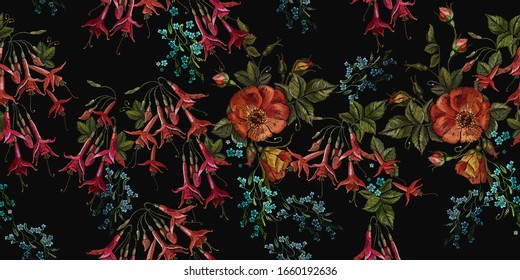 Embroidery. Wild roses, meadows herbs and red fuchsia flowers. Horizontal seamless pattern. Spring concept. Template for design of clothes, tapestry. Botanical garden art 