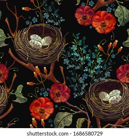 Embroidery. Wild roses, meadows herbs and and bird nest with eggs. Seamless pattern. Happy Easter. Spring garden art. Template for design of clothes, tapestry 