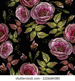 Embroidery wild roses seamless pattern. Beautiful red roses fashionable template tapestry flowers 