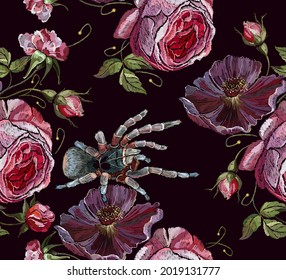 Embroidery wild roses and tarantula spiders seamless pattern vector. Floral gothic background. Fashionable template for clothes 