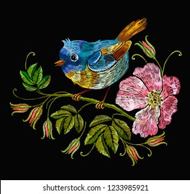 Embroidery wild roses and tropical birds. Template for clothes, textiles, t-shirt design